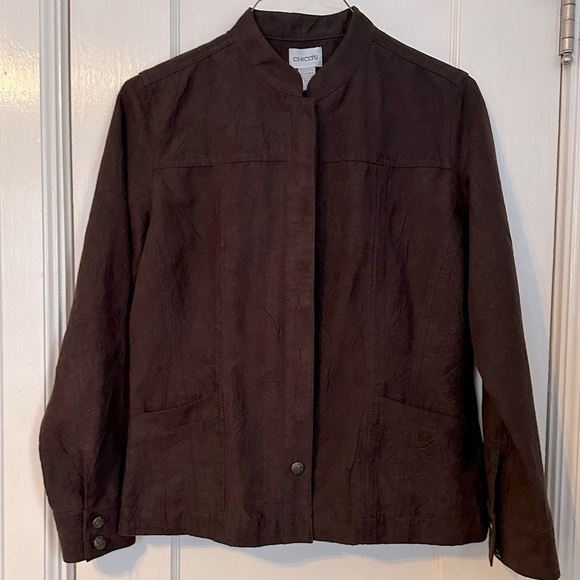Chico’s Chocolate Brown Suede Feeling Jacket with Topstitching & Pockets Size M - Picture 2 of 11